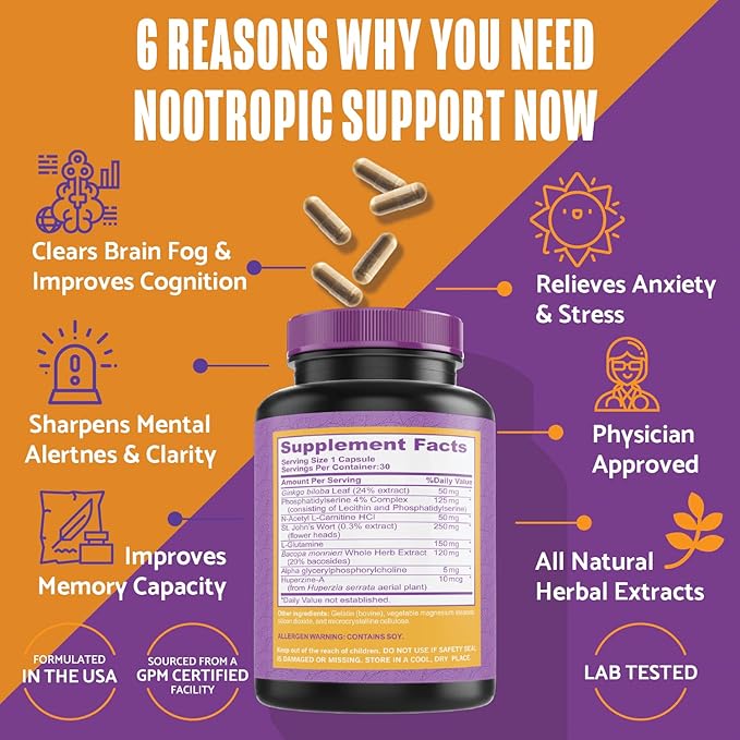 Nootropic Brain Supplement For Focus, Energy, Memory & Clarity Booster | Fast Absorption Brain Vitamins For Adults – Nootropics Pills With Ginkgo Biloba, St Johns Wort, Bacopa Monnieri