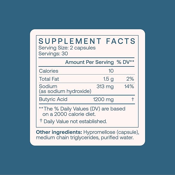 BodyBio Butyrate Supplement - Postbiotic for Gut Microbiome Health, Digestion and Regulation Support - Butyric Acid with Sodium - 100 Capsules