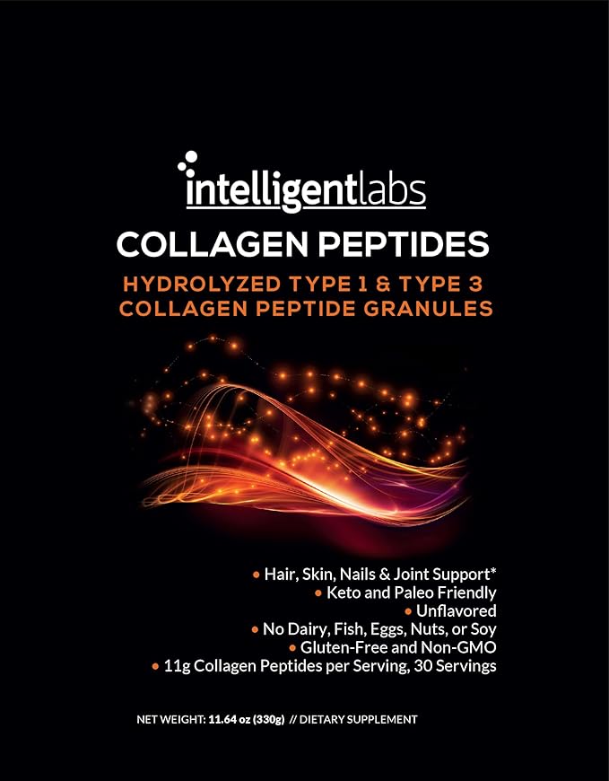 Intelligent Labs Hydrolyzed Type 1 and 3 Collagen Peptide Granules, Collagen Powder Unflavored, Keto and Paleo-Friendly, Third-Party Verified For Purity, 11g per Serving, 30 Servings a Pouch
