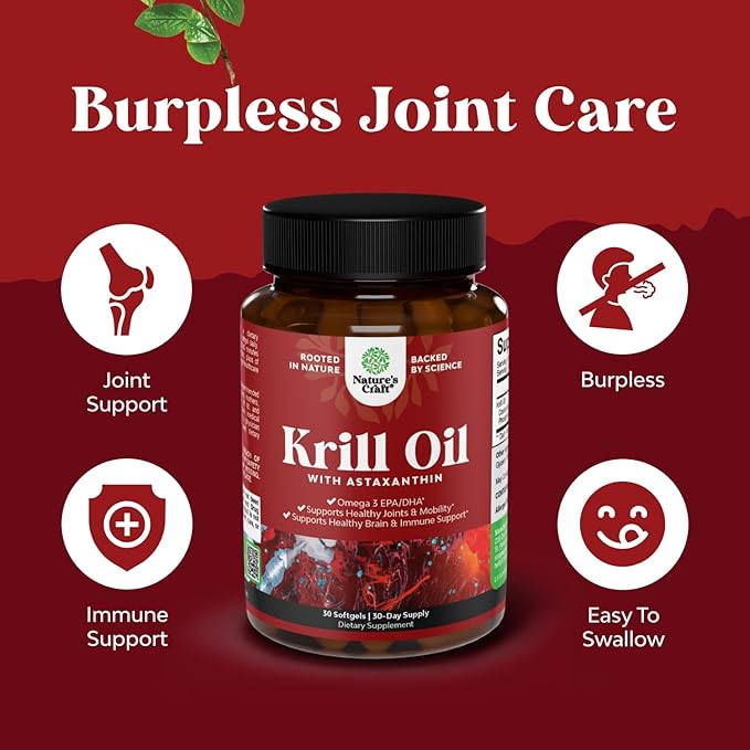 Krill Omega 3 Fish Oil Softgels 500mg - Concentrated Krill EPA & DHA Fish Oil Omega 3 Supplement for Women & Men for Immune Support, Brain & Heart Health - Burpless Fatty Acids Supplement - 30 Count