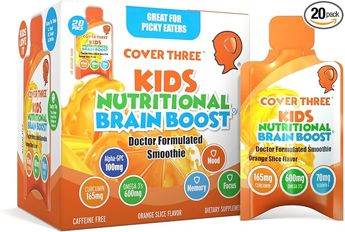 Cover Three Supplements for Kids Brain Supplement Smoothie, Omega 3 Liquid Childrens DHA Fish Oil, Kids Focus and Attention, Emotional Support, 20 Pouches, Pack 1
