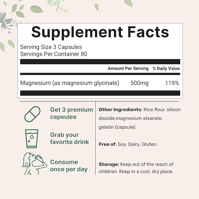 Magnesium Glycinate 500mg Per Serving, 240 Capsules | Potent Elemental Form, 100% Chelated, High Absorption | Healthy Muscle, Bones, & Mood Support Supplement | Non-GMO