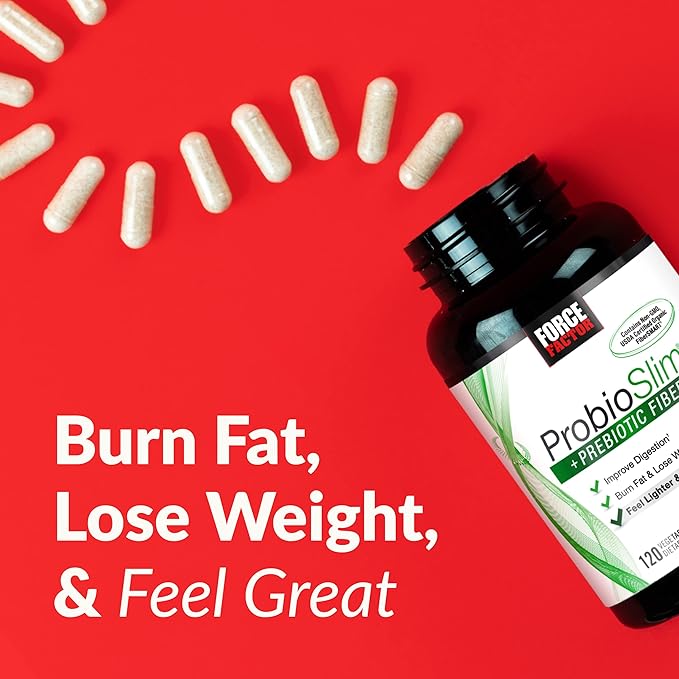 Force Factor ProbioSlim + Prebiotic Fiber Weight Loss Supplement for Women and Men, Probiotic and Prebiotic Digestive Health Support with Green Tea Extract and Psyllium Husk Fiber, 120 Capsules