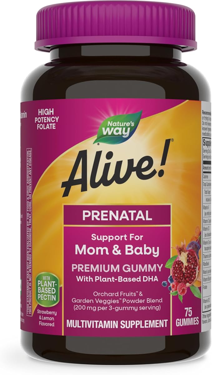 Nature’s Way Alive! Prenatal Premium Gummy Multivitamin, High Potency Folate, Plant-Based DHA, Vegetarian, Strawberry and Lemon Flavored, 75 Gummies