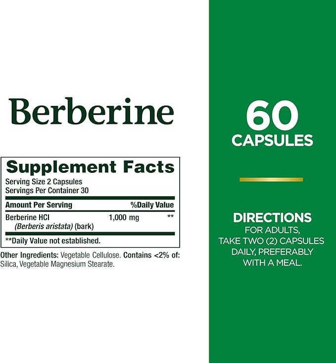 Nature's Bounty Berberine Supplements,1000mg, Berberine Capsules for Blood Sugar Support, Cholesterol & Heart Health, 60 Count
