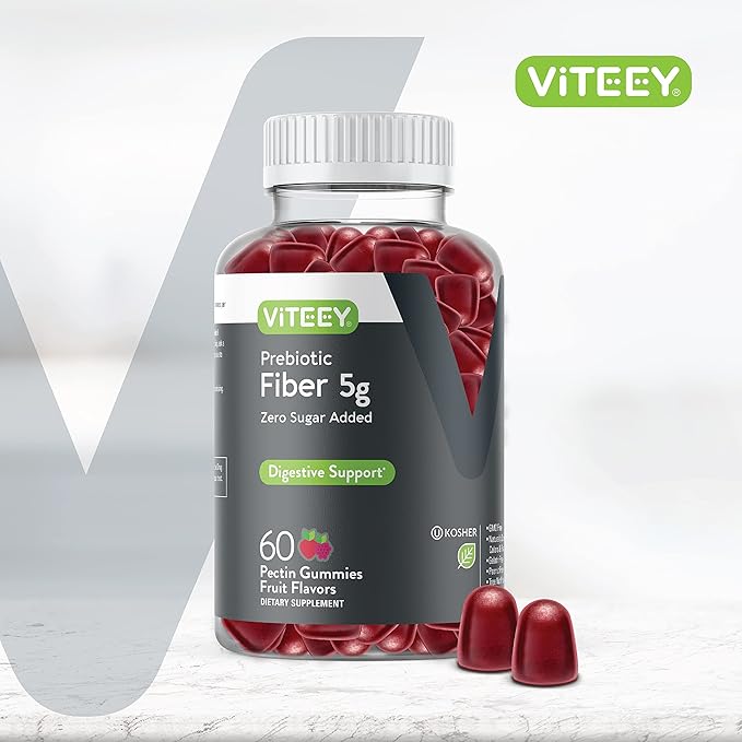 Viteey Prebiotic Fiber Gummies for Adults, 5g - Zero Sugar Added - Fiber Supplement for Digestive Health Regularity & Natural Weight Support - Vegan, Gelatin Free - Chewable Fruit Flavored Gummy