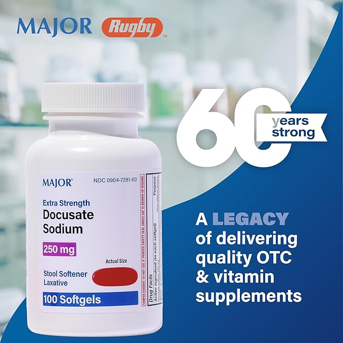 MAJOR Docusate Sodium 250 mg - Extra Strength Stool Softener Laxative Softgels for Constipation Relief - Gentle Stool Softeners for Women, Men, and Kids Ages 12+ - 100 Softgels (4 Pack)