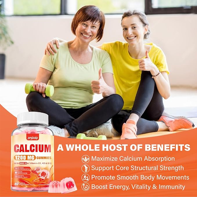 Calcium 1200 mg with Vitamin D3 Supplement for Adults - Calcium Gummies with Vitamin D3 5000IU, K2, B12 for Women Men - Extra Absorption Calcium Citrate - Natural Strawberry Flavor, 120 Gummies