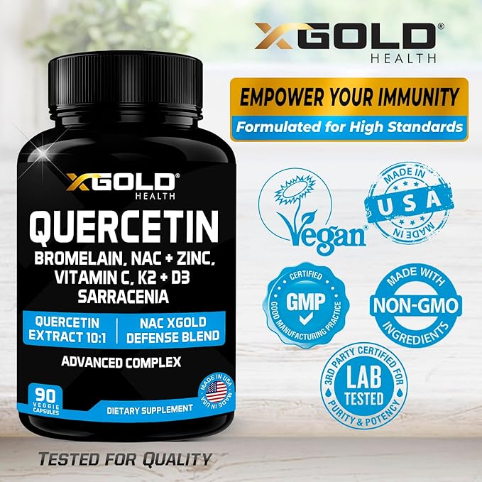 X Gold Health Quercetin Complex | XGold Defense Blend: Immune Support with 10:1 Quercetin Extract, Bromelain, NAC, Zinc, Vitamin C, K2 + D3, Elderberry, Turmeric, Ginger, and More