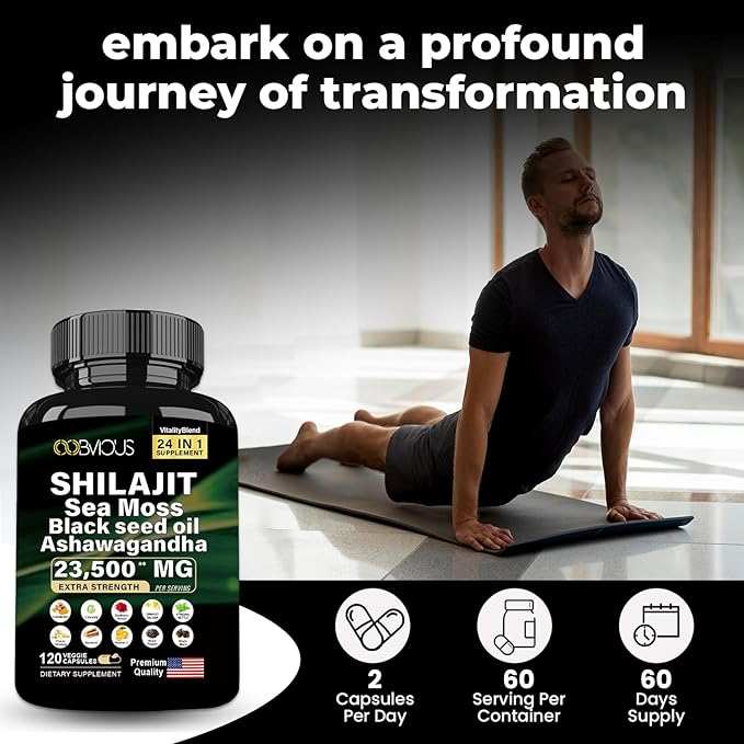 24-in-1 Himalayan Shilajit W/Ashwagandha, Black Seed Oil, Rhodiola Rosea, Panax Ginseng, Sea Moss, Ginkgo Biloba, Stinging Nettle, Turmeric, Cordyceps Mushroom — 120 Capsules, 60-Day Supply