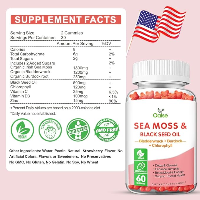 Sea Moss Gummies for Adults Kids with Chlorophyll, Bladderwrack, Burdock Root, Blck Seed Oil, Vitamin C & D3, Zinc, 8-in-1 Potent Formula Supports Immune System & Boost Energy (1-Pack)