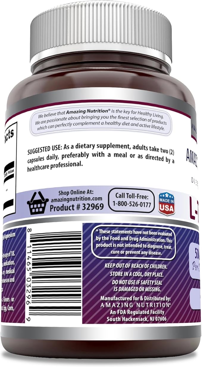 Amazing Nutrition Formulas L-Tyrosine 500 Mg | 90 Capsules | Amino Acid Supplement | Non-GMO | Gluten Free | Made in USA