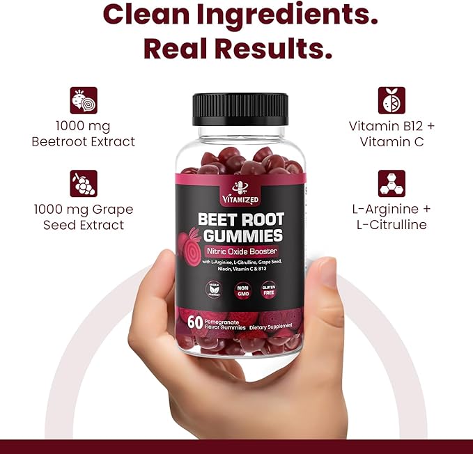 Beet Root Gummies - Super Nitric Oxide Beets Supplement - Red Beetroot Heart Chews with Grape Seed Power & B12- Pomegranate Flavor, 60 Chewables Beets