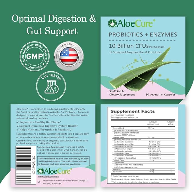 AloeCure Probiotics with 10 Billion CFU for Women's Health + Enzymes, Prebiotics, & Aloe Vera for Full Spectrum Support to Maximize Absorption & Gut Support for Men and Women, 30 Capsules