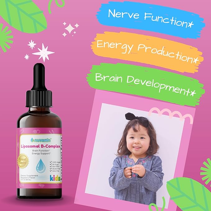Nuvamin – Liquid Liposomal B-Complex Drops for Kids Baby Toddlers & Adults, 2Fl.Oz (60ml), 120 Daily Serving. B1, B2, B3, B5, B6, B7, B9, B12. Great Taste - Natural - High Absorption, Raspberry Flavor