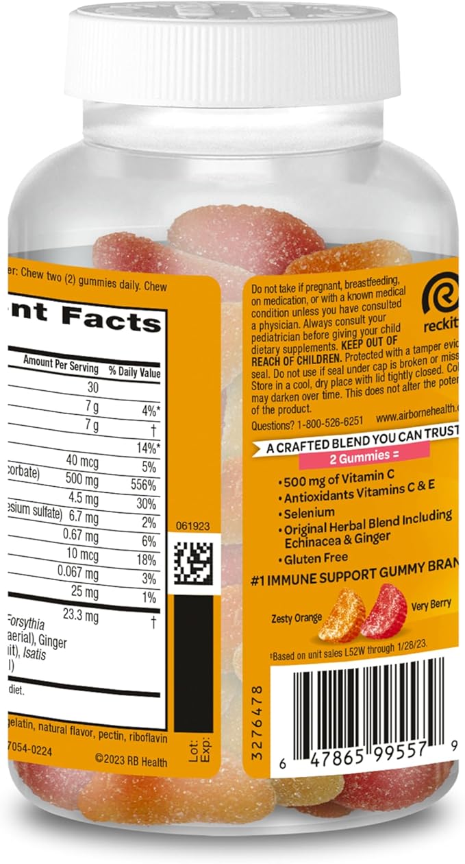 Airborne Vitamin C 500mg (per Serving) - Assorted Fruit Flavored Kids Gummies (63 Count in a Bottle), Gluten-Free Immune Support Supplement with Vitamins C E, Selenium