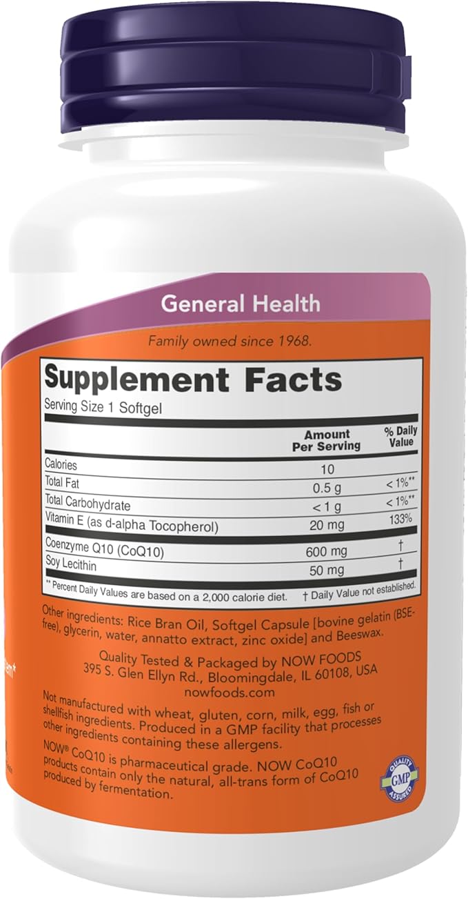 NOW Foods Supplements, CoQ10 600 mg, Maximum Strength with Vitamin E & Lecithin, 60 Softgels