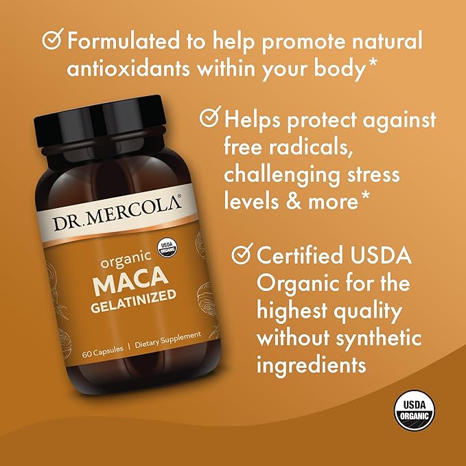 Dr. Mercola Organic Maca Gelatinized Dietary Supplement, 30 Servings (60 Capsules), Non GMO, Gluten Free, Soy Free, USDA Organic