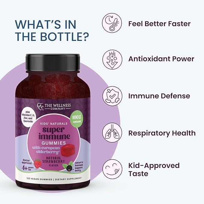 The Wellness Company Super Immune Elderberry Gummies | 120 Gummies (2 Month Supply) | with Zinc and Vitamin C | Non-GMO, Gluten-Free | Supports Immune Health