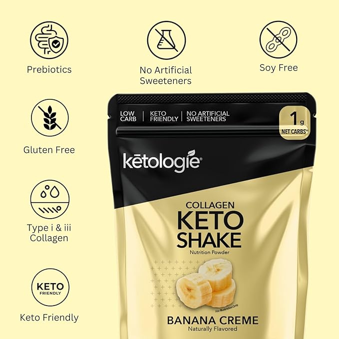 Keto Collagen Shake (Banana Creme) - with Coconut Oil, Prebiotics, Grass Fed Hydrolyzed Collagen Peptides Type I & III, Low Carb, Gluten Free,1.78lbs.
