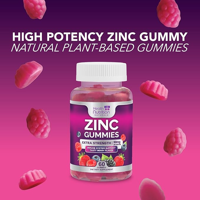 Zinc Supplement 50mg Gummies for Adults - Max Strength Skin Health & Immune Support Gummy, Vegan, Non-GMO & Gluten Free, Nature’s Antioxidant & Bone Health Chewable Zinc Vitamins - 60 Gummies