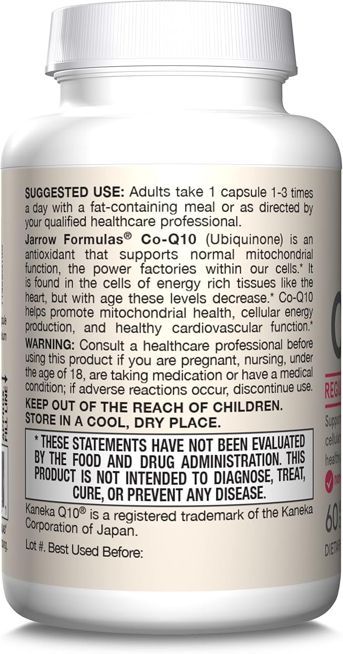 Jarrow Formulas Co-Q10, 100 mg, Antioxidant Support for Mitochondrial Health, Cellular Energy Production and Healthy Cardiovascular Function, 60 Veggie Capsules, 60 Day Supply