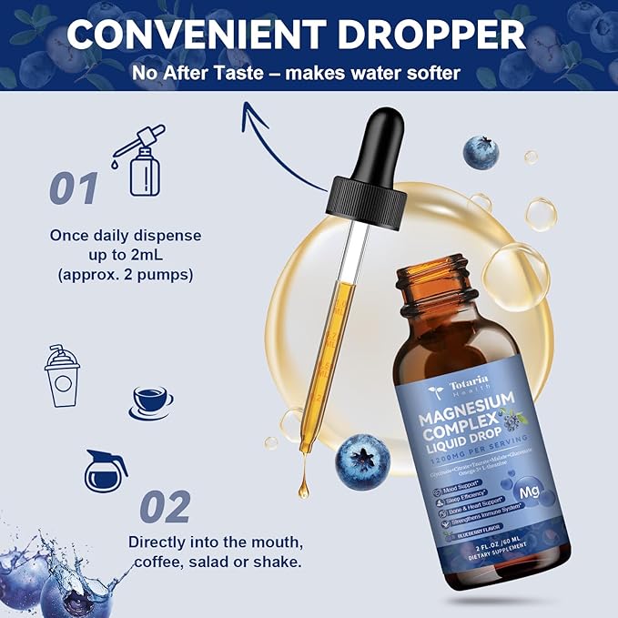 Magnesium Glycinate Liquid Drop 21 in 1 Magnesium Complex with Vitamin D3,K2,B6 & B12 Plus L-Theanine Omega-3 Sea Moss Extract for Energy,Sleep,Joint,Heart Health Sugar Free Blueberry Flavor,2 Fl Oz