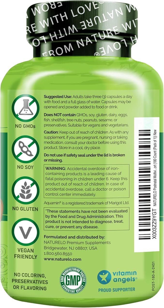 NATURELO Postnatal Multivitamin - Supplement for Breastfeeding Women - Plant-Based Vitamin D, Folate, Gentle Iron - for Nursing Mother, Baby - Post Natal Lactation Support 180 Capsules