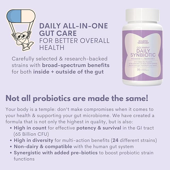 CoLymph® Daily Synbiotic Upgraded 24 Strains, 65 Billion CFU, High Potency Prebiotics + Probiotics | Non-Dairy, Supports Gut Health, Digestion, Bloating, Mood, 30 Vegan Capsules