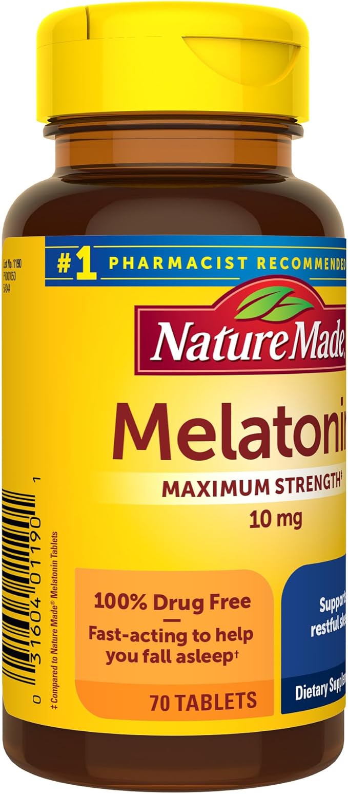 Nature Made Melatonin 10mg Maximum Strength Tablets, 100% Drug Free Sleep Aid for Adults, Melatonin for Adults, 70 Count, 70 Day Supply