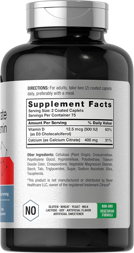 Horbäach Calcium Citrate with Vitamin D3 | 150 Petite Coated Caplets | Supplement for Men and Women | Vegetarian, Non-GMO & Gluten Free