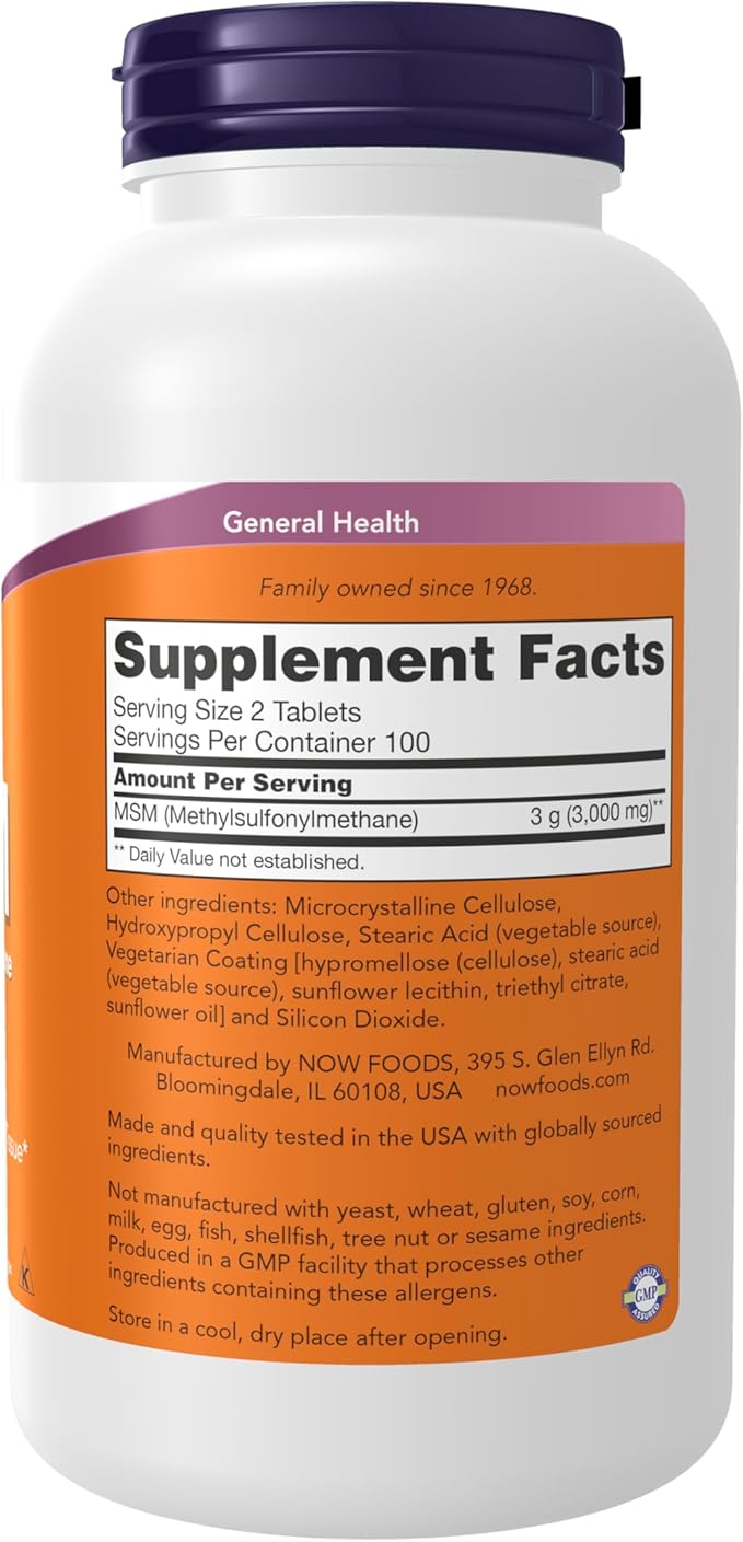 NOW Foods Supplements, MSM (Methylsulfonylmethane) 1,500 mg, Supports Healthy Cartilage*, Joint Health*, 200 Tablets