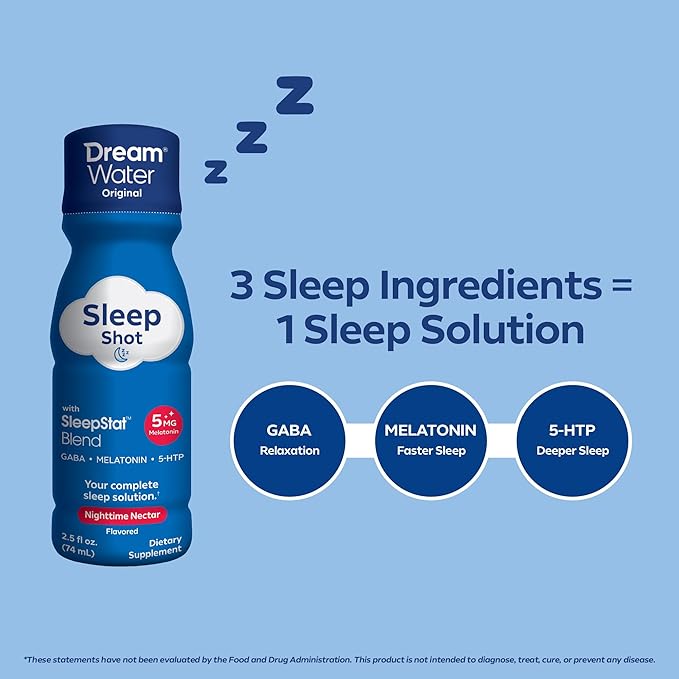 Dream Water Sleep Aid Supplement Drink; Melatonin 5mg, GABA, 5-HTP; Zero Sugar, Natural Flavors, No Added Colors, 2.5 oz Liquid Sleep Shots, Nighttime Nectar, 12-Count