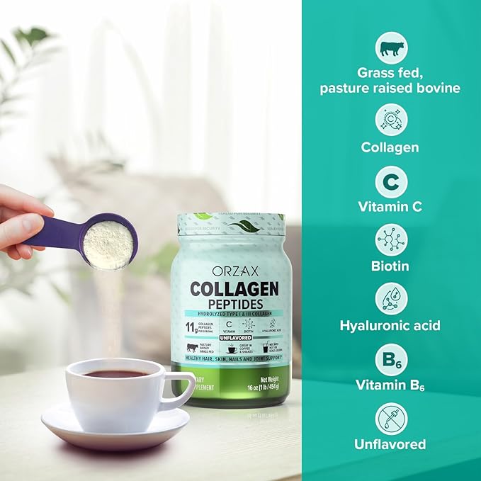 ORZAX Collagen Peptides Powder - 11 g Collagen Type I & III, Biotin & Hyaluronic Acid, 16 oz (Unflavored)