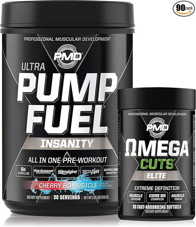 PMD Sports Ultra Pump Fuel Insanity - Pre Workout - Cherry Bombsicle (30 Servings) Sports Omega Cuts Elite Thermogenic Fat Burner (90 Softgels)