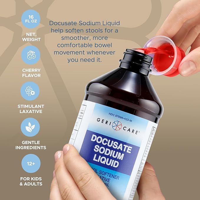 Docusate Sodium Liquid Stool Softener by GeriCare- Gentle Stimulant Laxative Liquid for Men & Women- Quick Constipation Relief Aid- Adults Daily Bowel Movement Laxative- Cherry-Flavored (16 fl oz)