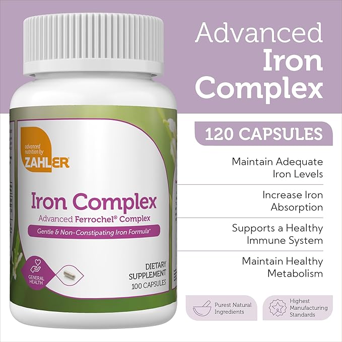 Zahler - Iron Supplement with Vitamin C - Capsule Iron Pills for Women and Men - High Absorption, Easy on Stomach, Kosher Ferrous Iron Supplements with Vitamins C, B12, Folate & More - 100 Count