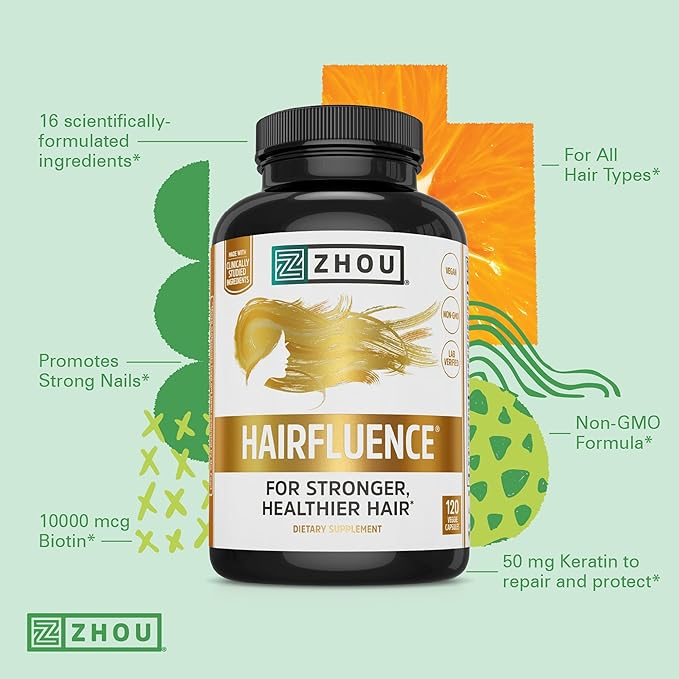 Zhou Hairfluence - Vegan Biotin Supplement for Hair Growth for Men & Women, Supports Stronger, Healthier Hair, Nails, & Glowing Skin with B Vitamin Complex -120 Veggie Capsules (Pack of 1)