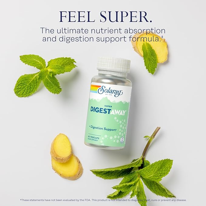 SOLARAY Super Digestaway Digestive Enzymes - Pancreatin, Papain, Ginger, Pepsin, Betaine HCl, Aloe Vera, and More - Digestion & Nutrient Absorption Support - Lab Verified - 60 VegCaps