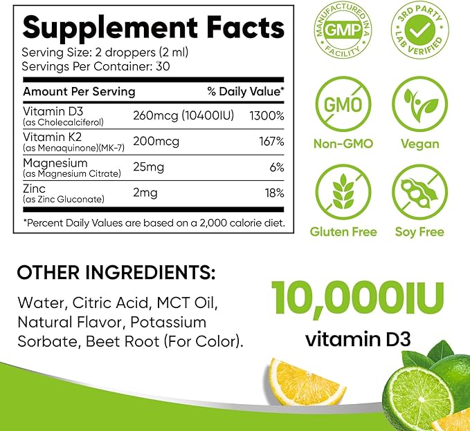 Venture Pal Vitamin D3 10000 IU Drops Plus K2 200 mcg with Magnesium, MCT Oil, Zinc, Vitamin D Liquid |Maximum Absorption for Bone, Mood & Immune Health (Lemon,2 Fl Oz)