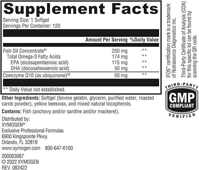 XYMOGEN CoQmax Omega 50 mg - CoQ10 + Fish Oil Omega 3 Supplement - Dual-Action Heart Health Support - Coenzyme q10 + Specialized Fish Oil for 3X Greater Absorption of EPA DHA (120 Softgels)