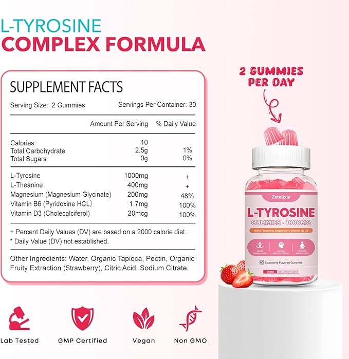 L Tyrosine Gummies, L-Tyrosine Supplement Gummies, L-Theanine Gummies with Vitamin B6 D3, Focus Gummies Support Brain, Memory, Energy, Mood for Adult & Kids, Strawberry Flavor, 60 Count