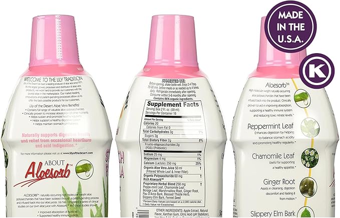 Lily Of The Desert Stomach Formula, Organic Aloe Vera Juice with Slippery Elm, Chamomile, Peppermint, and Ginger for Gut Health, Acid Reflux, Heartburn Relief, 32 Oz (Pack of 2)
