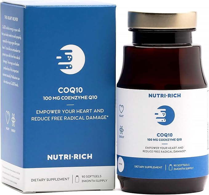 Nutri-Rich CoQ10 High Potency 100mg Coenzyme Q10, Ubiquinone, Antioxidant for Heart Health & Cellular Energy, Naturally Fermented, for Aging & Statin Usage, 3 Month Supply (90 Softgels)