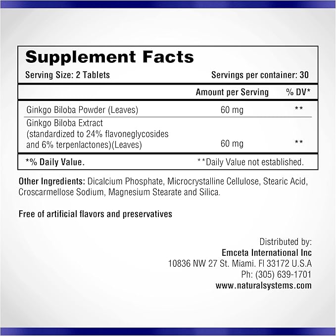 Ginkgo Biloba 60 mg by Natural Systems 60 Tablets - Gingko Biloba Powder Brain Supplement - Ginkgo Biloba Concentration Supplements - Memory Vitamins for Men and Women - Boost Energy Supplements
