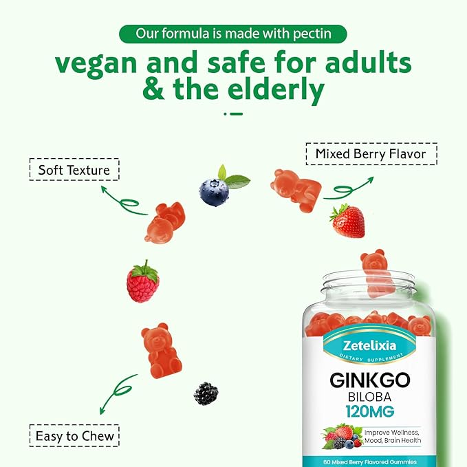 2 Pack Ginkgo Biloba Gummies for Women and Men, Brain Supplement Improve Better Mood and Focus, Vegan Mixed Berry Flavor 120 Count
