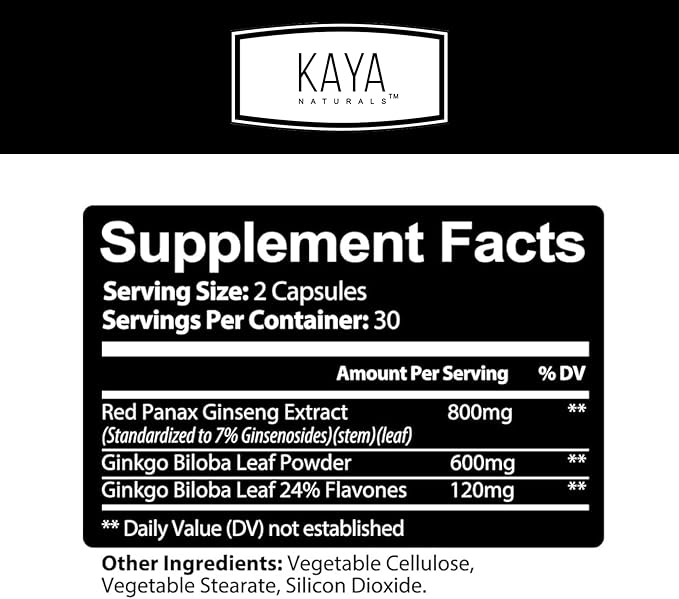 Kaya Naturals Red Panax Ginseng + Ginkgo Biloba - Nootropic Brain Supplement - Cognitive and Concentration Support - Brain Booster, Focus, and Memory Supplement - 60 Capsules