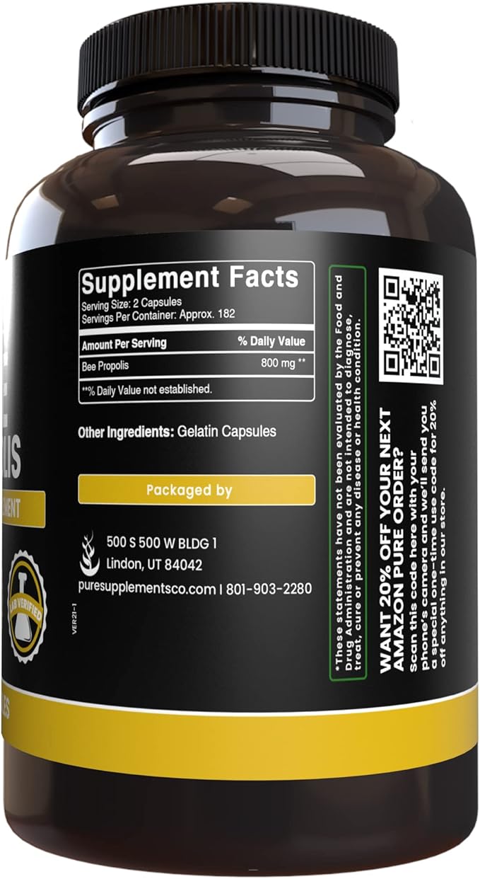 PURE ORIGINAL INGREDIENTS Bee Propolis (365 Capsules) No Magnesium or Rice Fillers, Always Pure, Lab Verified