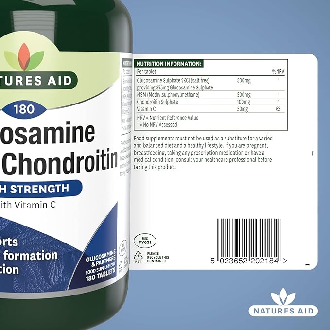 Nature's Aid Glucosamine 500mg, MSM 500mg + Chondroitin 100mg 180 Tablets