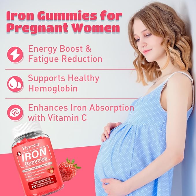 Iron Gummies for Men and Women, Energize, Combat Fatigue, Support Anemia Recovery. Packed with Iron, Folate, Vitamin C, in Vegan Strawberry Flavor, 60 Gummies